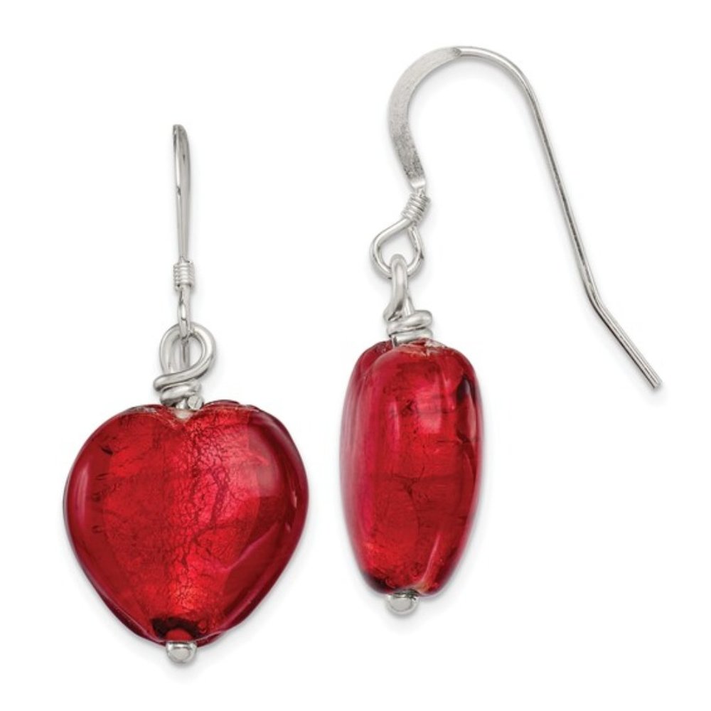 Sterling w Red Murano Glass Heart Dangle Earrings